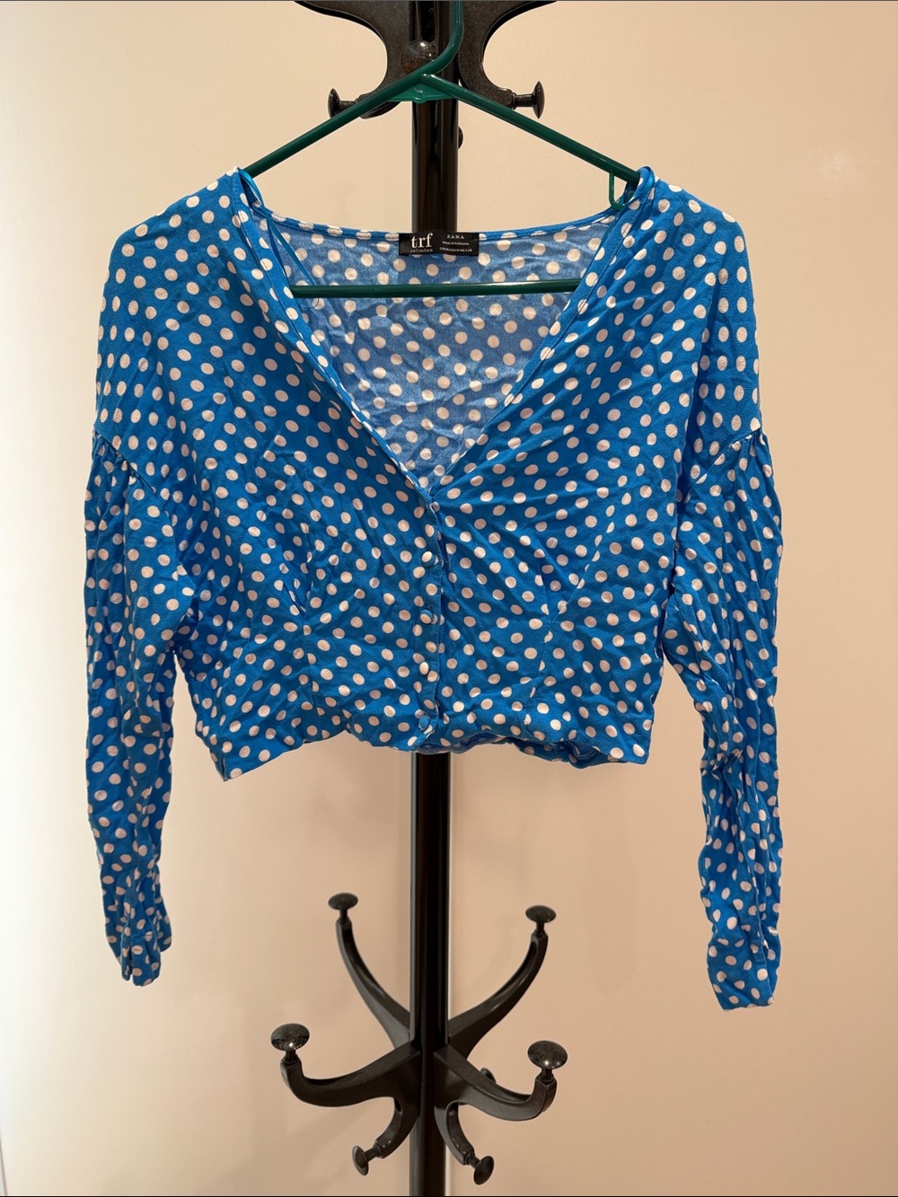 Zara Blue and White Polka Dot Cropped V-Neck Top